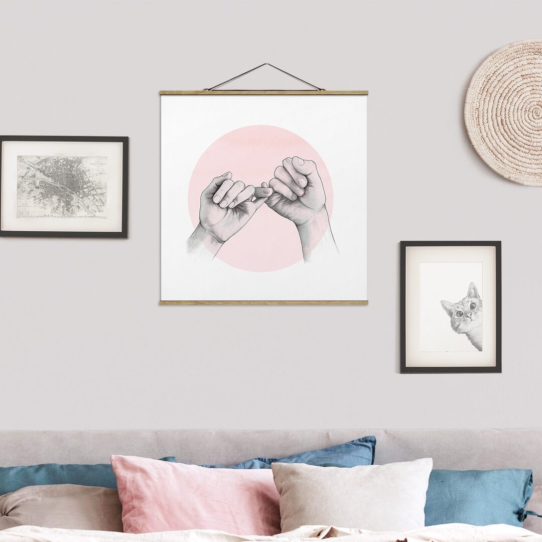 Stoffbild Illustration Hands Friendship Circle Pink White von Laura Graves