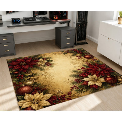 Tapis de Noël vintage à motif poinsettia, lavable à la machine, avec envers antidérapant, motif floral festif, décoration intérieure chaleureuse pour salon, chambre, couloir, cuisine, balcon, appartement