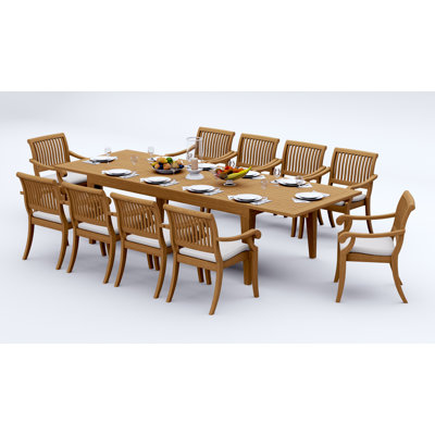 13 Pcs Grade-A Teak Wood Dining Set: 122" Caranas Double Extension Rectangle Table  Appel Stacking Arm Chairs #11AB2912