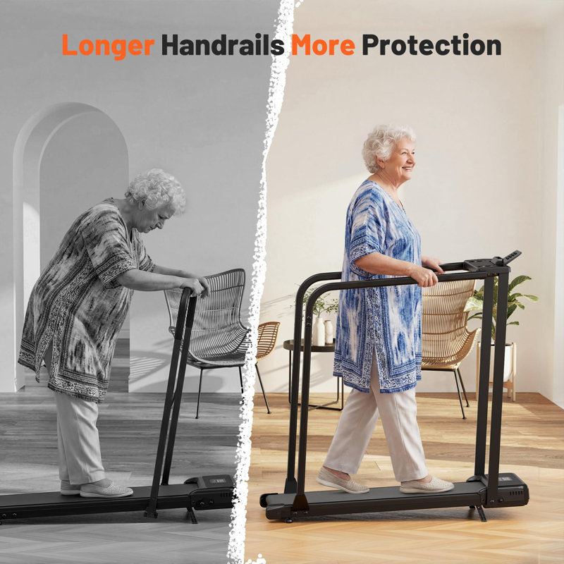 Walking Pad with Long Handrails for Seniors - Compact Treadmill with Incline for Home, Recovery Machine with Wheels, Remote Control, LED Display, Cup & Phone Holder