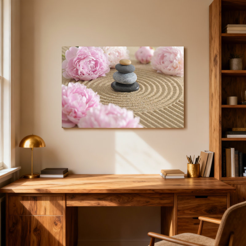 Motif de mode et de fleurs roses et pierres zen, H 20 po x l 30 po