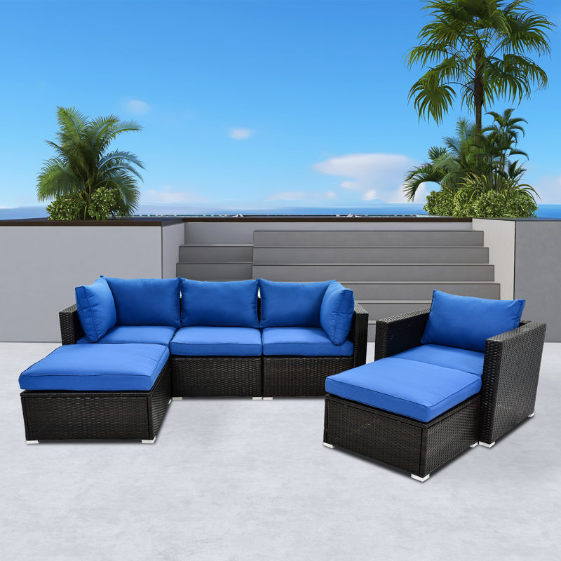 6 pièces Canapé modulaire de patio en rotin avec table en verre