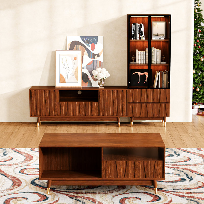 Walnut Finish Media Console Set Of 3 With Tv Stand, Center Table And 3-tier Glass Display Shelves With Drawers For Living Room, Luxury Mid-century Modern Wood Entertainment Center With Drawers And Storage Up To 55" Tvs, Brown