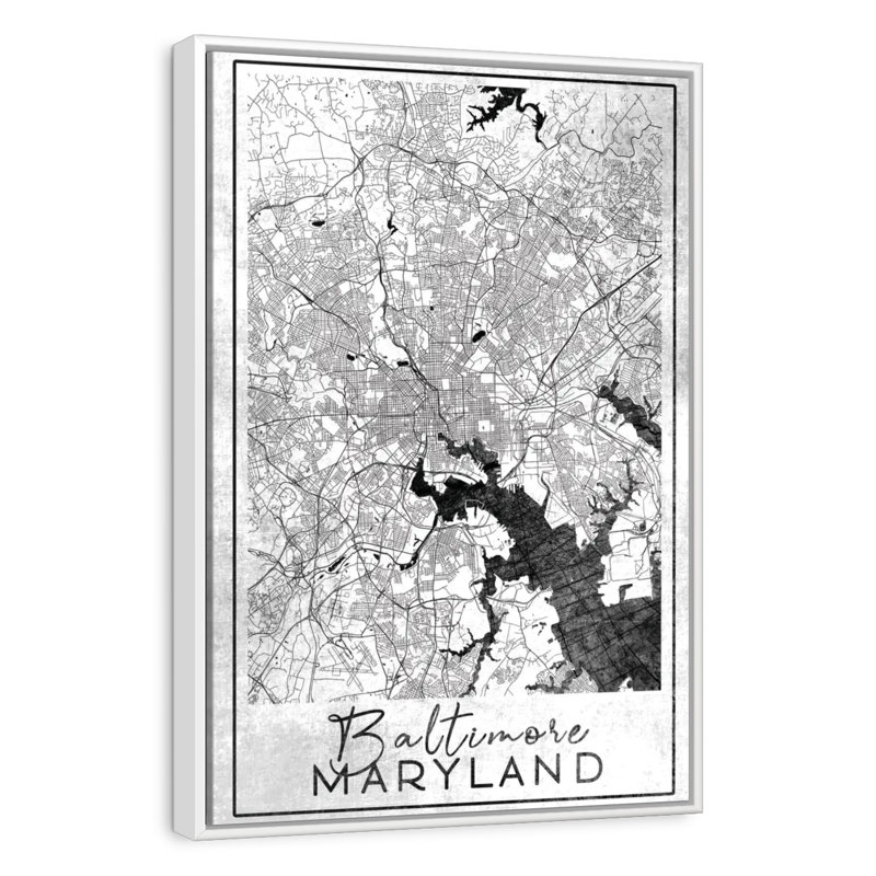 Carte de la ville de Baltimore, 25" x 37", Cadre flottant blanc