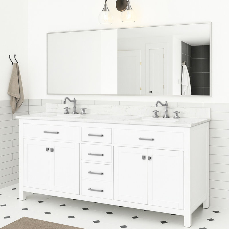 Meuble-lavabo autoportant de 72 pouces avec 2 lavabos, base et bois massif, apparence sophistiquée et élégante dans des tiroirs à lignes fermées silencieuses
