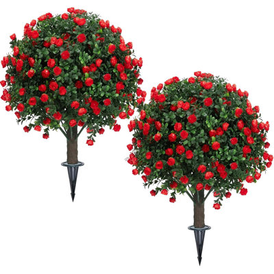 Set Of 2 Artificial Boxwood Topiary Ball Trees With Red Flowers, 27" UV Resistant Faux Greenery Shrubs For Outdoor, Fake Plants For Garden, Yard, Porch, Patio With Ground Spike