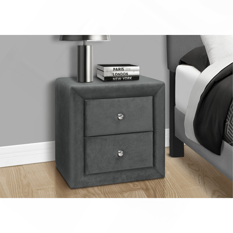 Nightstand, Nightstand, End, Side, Lamp, Storage Drawer, Bedroom, Upholstered Velvet, Transitional, Gray