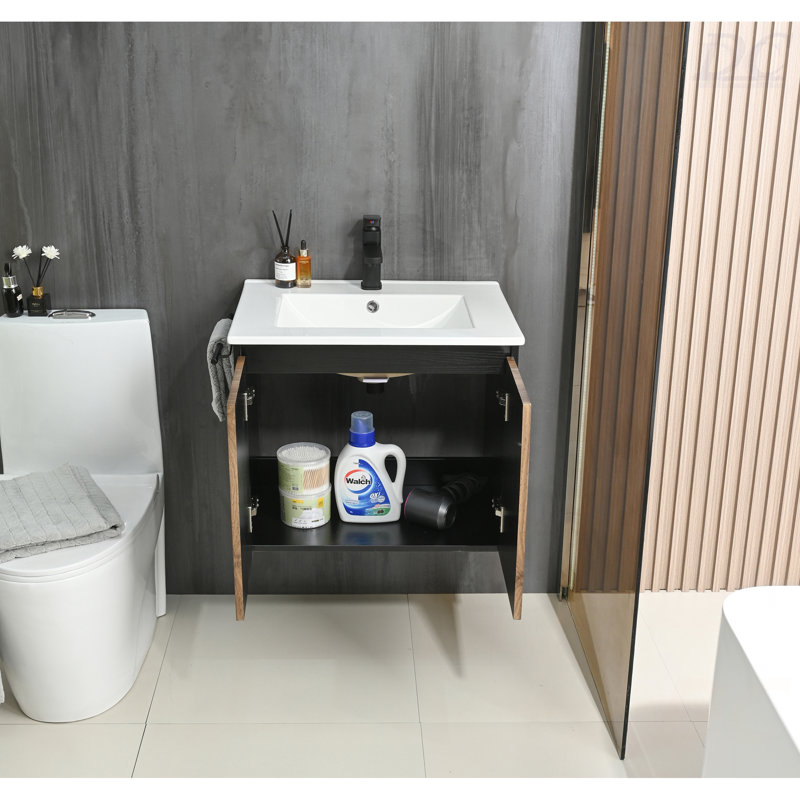 Ensemble de meuble-lavabo mural 24 po avec porte-serviettes noir, Noyer foncé