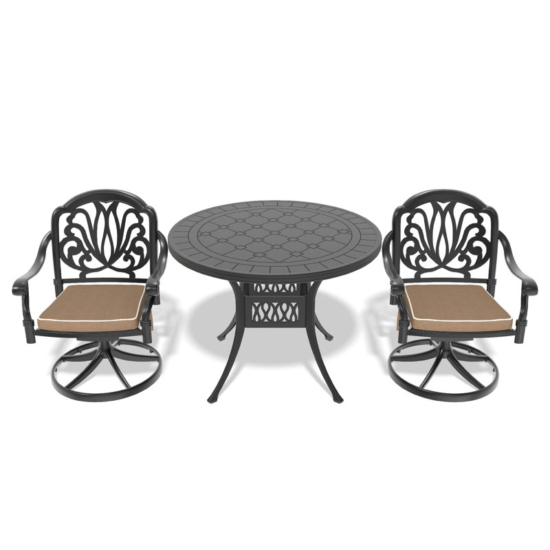 Ensemble de salle à manger 3 pièces en aluminium coulé toutes saisons comprenant 2 chaises pivotantes et une table ronde de 39,37 po avec structure noire