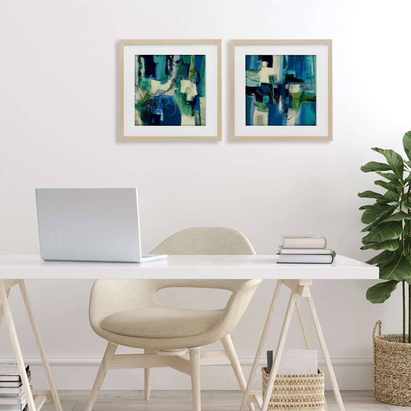 «Blue & Green Abstracts», ensemble de 2 reproductions encadrées sous verre, par Maurizio Piovan, H 13 po x l 13 po