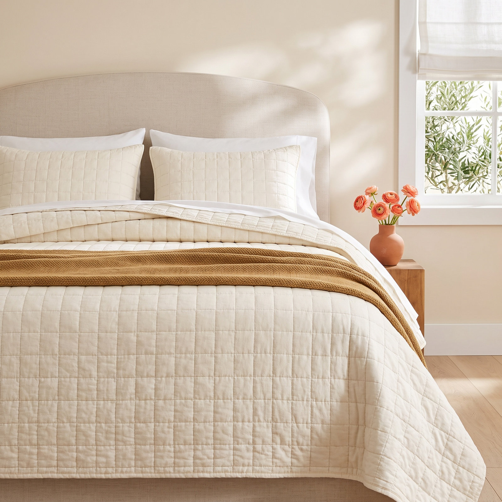 Cotton Sateen Quilt Set, Ivory White, King Quilt + 2 King Shams