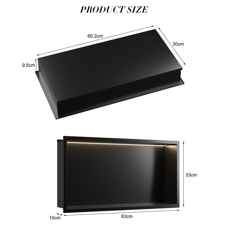 13"X 24.7" Stainless Steel Shower Niche Wall Niche Recessed Metal Shelf With COB LED light, Matte Black, Stainless Steel, Yes
