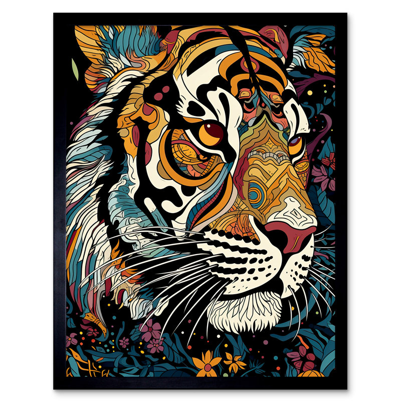 Alesandrini Tribal Bengal Tiger Psychedelic Floral Pastel - Single Picture Frame Print