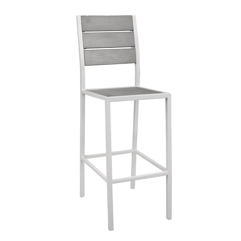 Tabouret de bar en acier noir avec dossier à lattes horizontales imitation teck et siège noir, Gris clair / gris