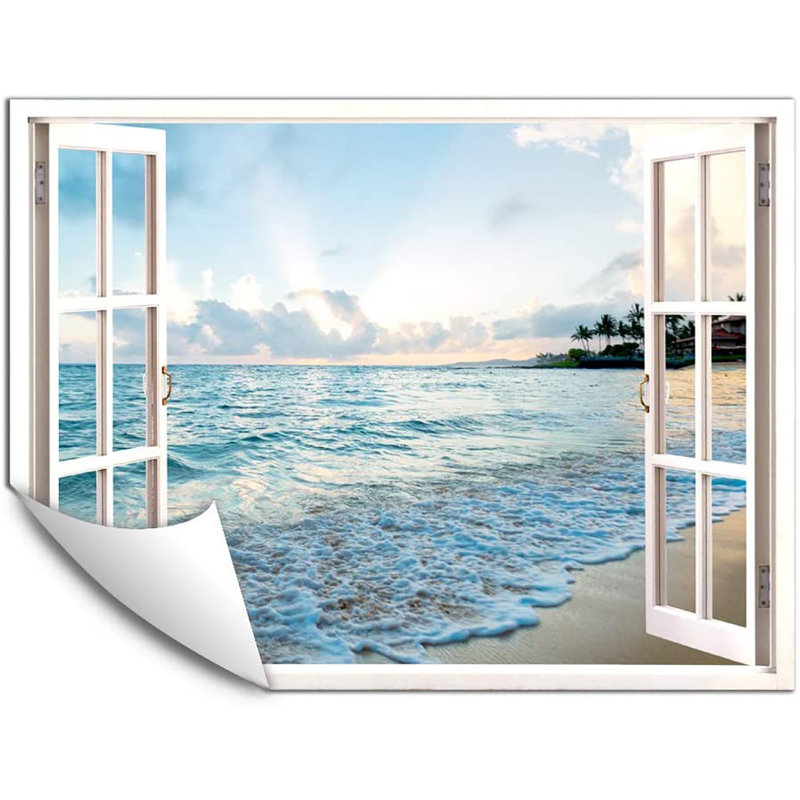 Adhésif mural soleil derrière les nuages et les vagues, L 32 po x l 24 po