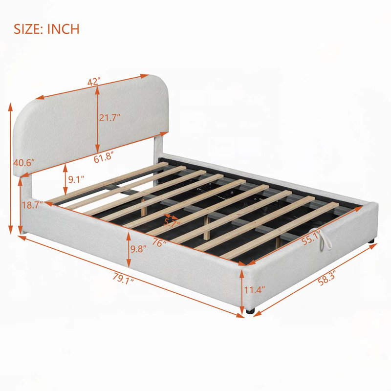 Lit rembourré Teddy avec rangement relevable, Lit double, Blanc