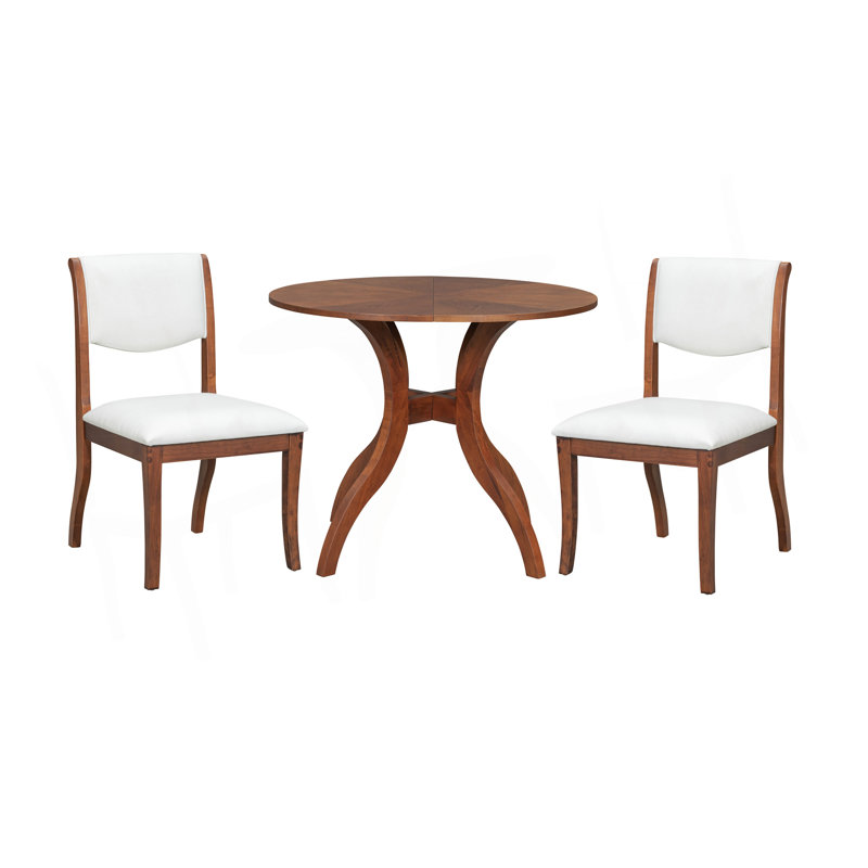 Walnut Dining Table Set:39.4" Round Table + 2 Chairs - Traditional Solid Wood Kitchen Set With Inlaid Tabletop, Elegant Curved Legs For Dining Room