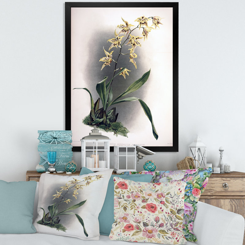 Fleur d'orchidée rétro - peinture sur toile, H 32 po x l 24 po x P 1 po, Cadre photo noir