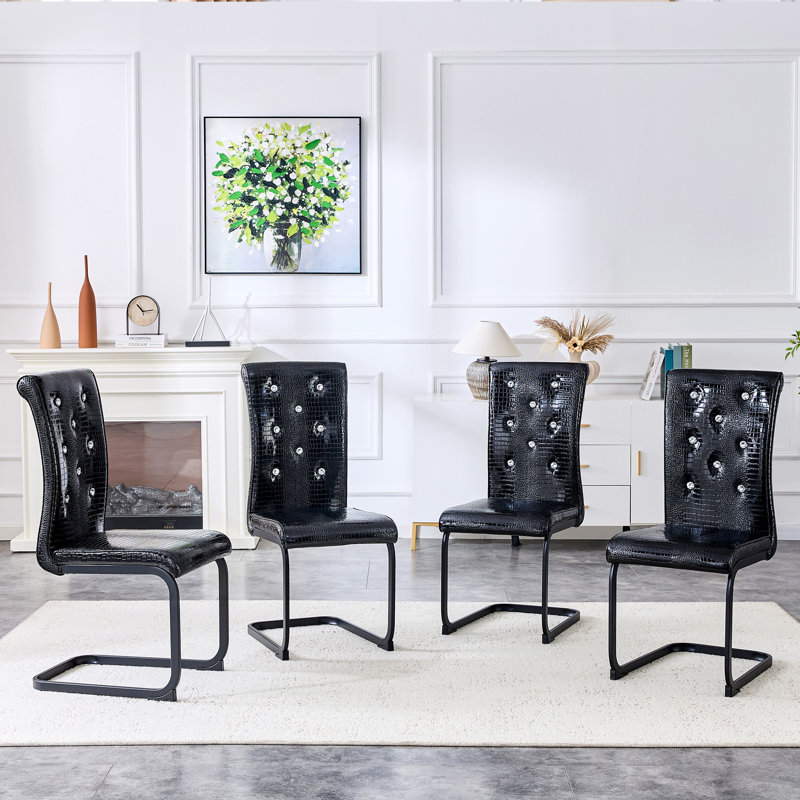 Chaises de salle à manger rembourrées en similicuir avec boucle en cristal, Noir, Noir