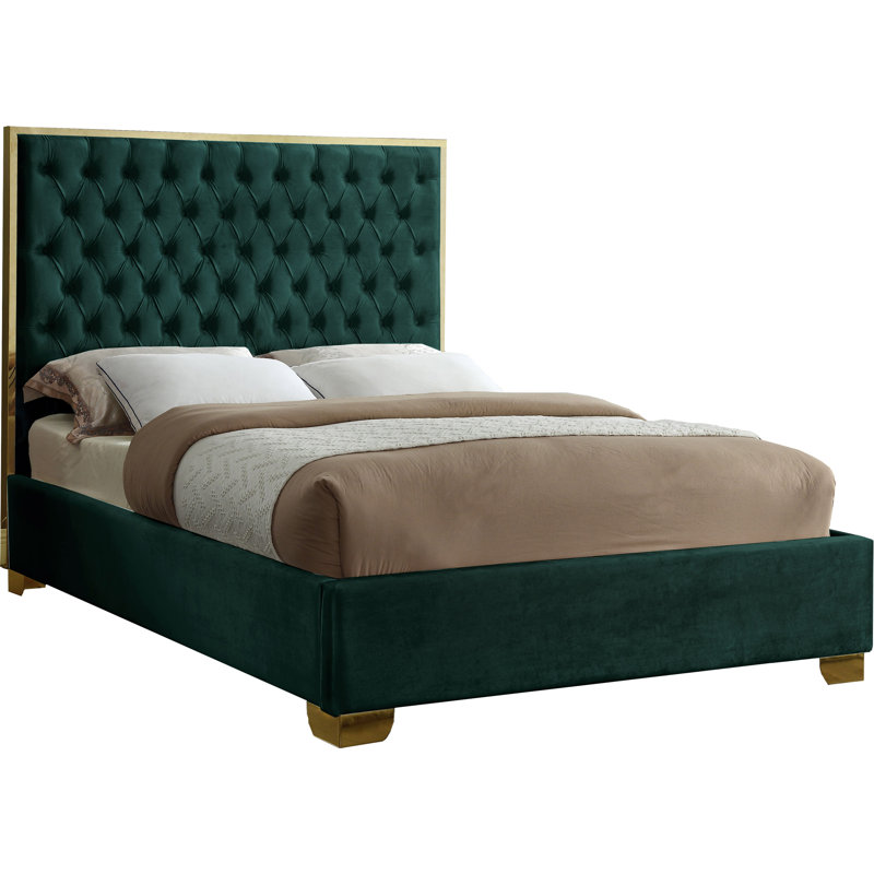 Spadaro Upholstered Platform Bed, Green Velvet, Gold, Full