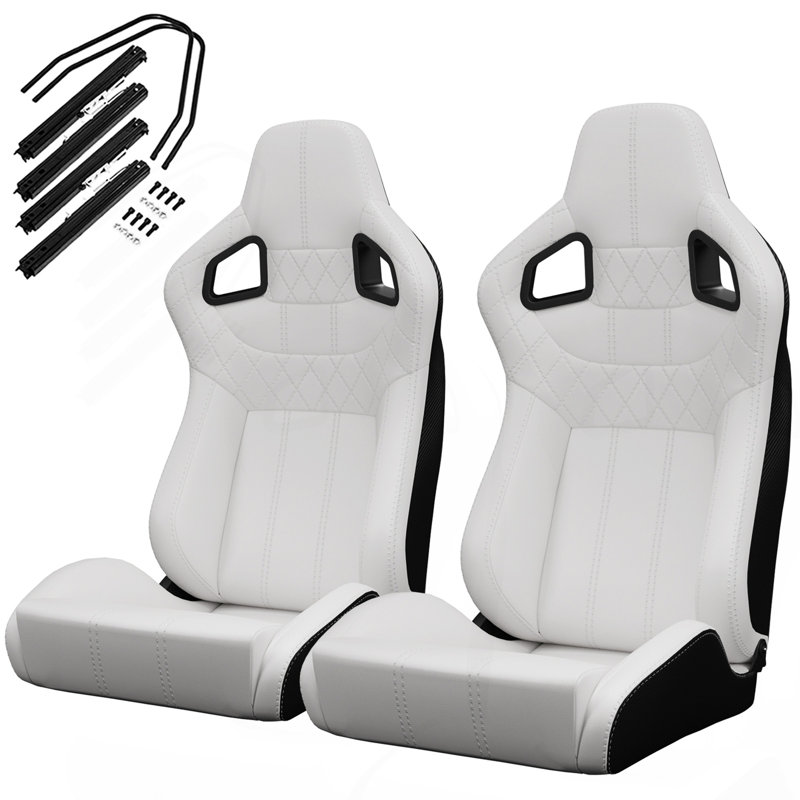 Ensemble de 2 sièges baquets de course universels à coutures blanches en cuir PVC blanc avec dossier inclinable en carbone et glissière ajustable (sans support de siège) 1 boîte de 2 pièces