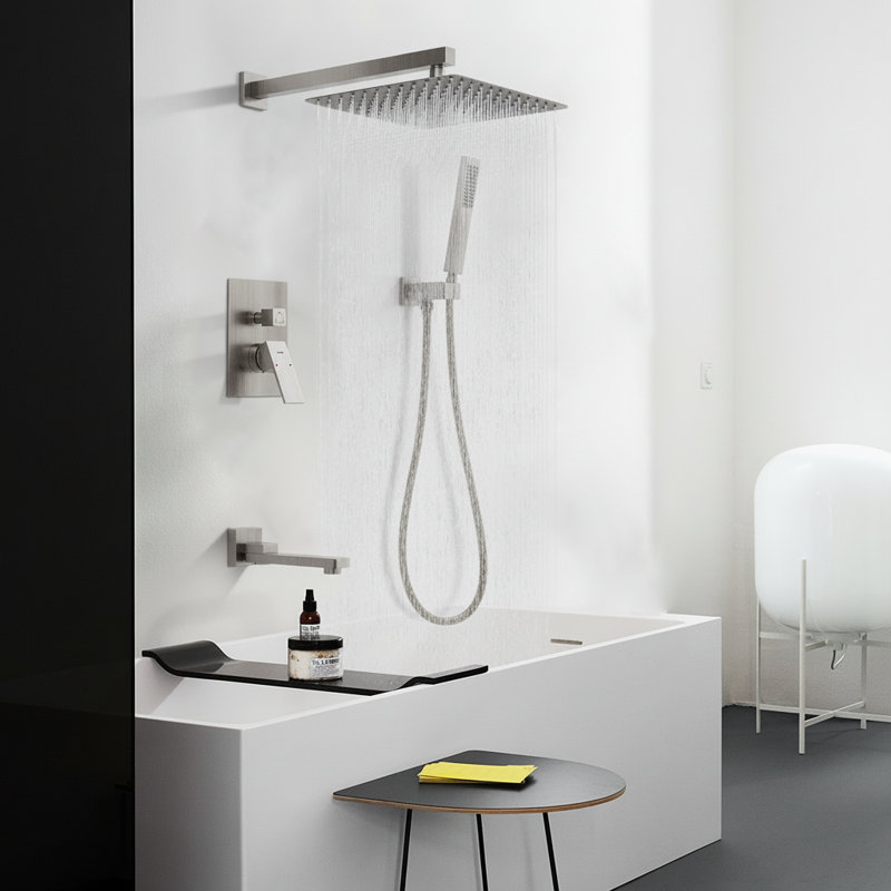 Male NPT Folding Bathtub Shower Faucet, Rain Shower Head System with Bath Tub Faucet Set and Handheld for Bathroom, Brushed Nickel 3 Function Tub Shower Rough-in Valve and Diverter