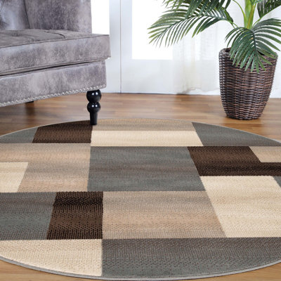 Grey-Brown Round Patchwork Power Loom Stain Resistant Area Rug