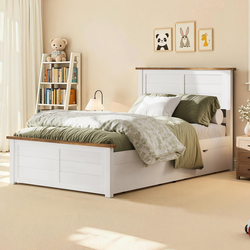  Twin Size Solid Wood Platform Bed with 4 Storage Drawers, White/Brown, Twin, White/Brown