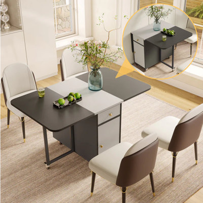 Modern White & Black 17.7"-53.6" Small Rectangle 4-6 Seater Folding Dining Room Table with Storage on Wheels