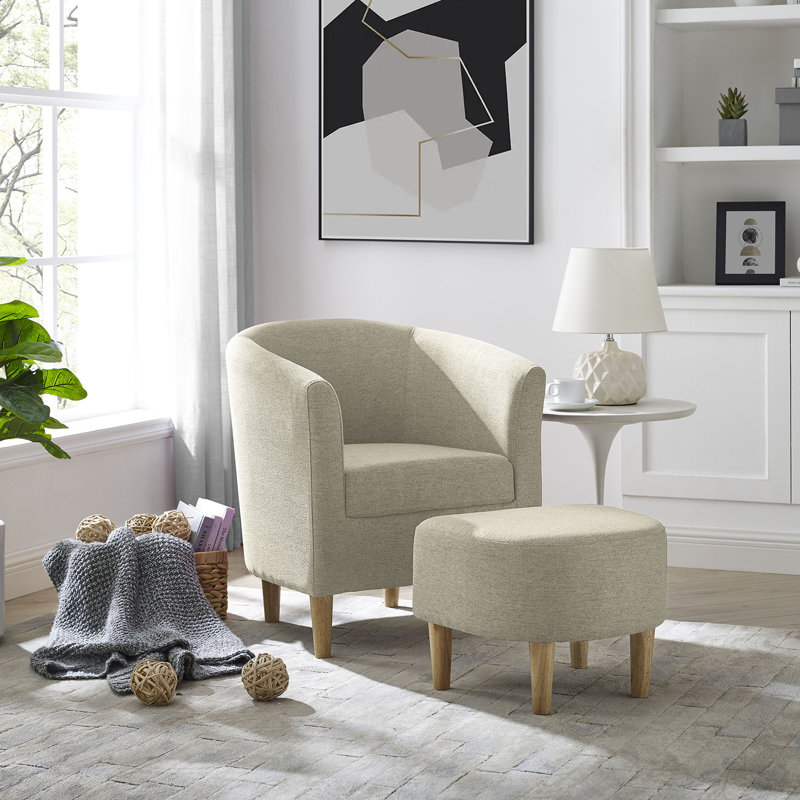 Upholstered 27" Wide Barrel Chair with Ottoman, Beige Linen Blend