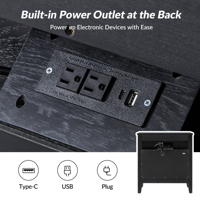  Giordana 28"W Transitional 3-Drawer Nightstand with Hidden Pull-out Drawer and Charging Station, Black