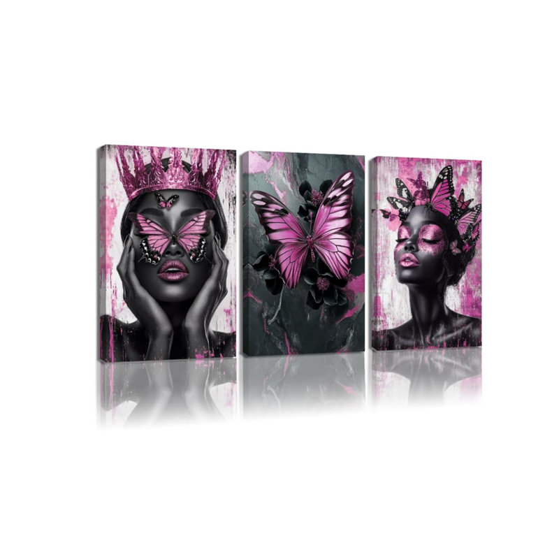 3 Piece Wrapped Canvas Print, Pink