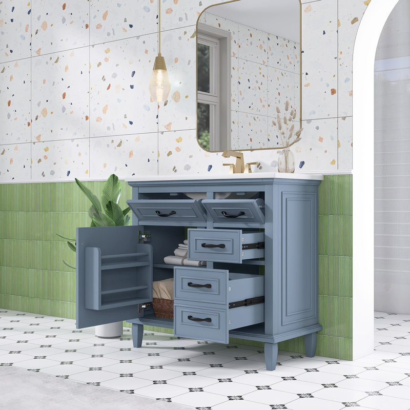 Ensemble de meuble-lavabo autoportant 36 po avec comptoir en céramique 36 po, Bleu gris
