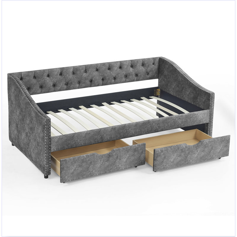 Twin Size Daybed With Drawers Upholstered Tufted Sofa Bed, With Button On Back And Copper Nail On Waved Shape Arms