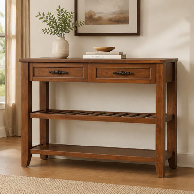 Console/table basse avec 2 tiroirs de rangement et 2 étagères, style milieu du siècle, buffet en bois massif de 107 cm (42 po) pour salon, cuisine, salle à manger, entrée, couloir, brun (W120284579)