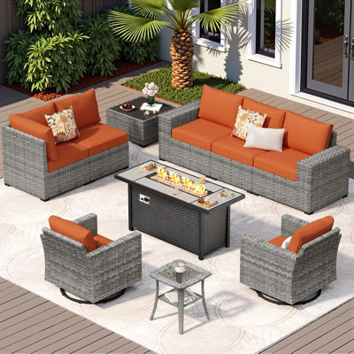 7-Person All-Weather Wicker Patio Set With Cushions,Swivel Rockers And Fire Pit