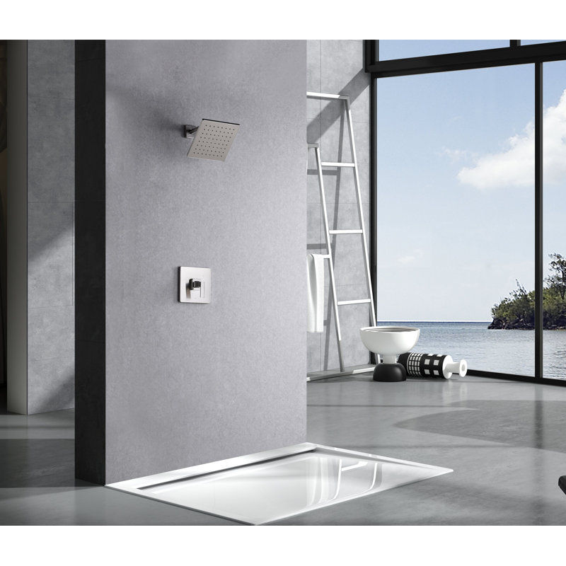 Garniture de douche de la collection Rift seulement: pomme de douche carrée de 7 po, ensemble de poignées et valve brute incluse - nickel brossé