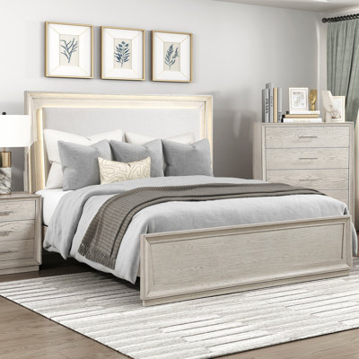 Lit de style moderne avec finition gris clair et tête de lit à rétroéclairage à DEL avec mobilier de chambre en bois 1pc