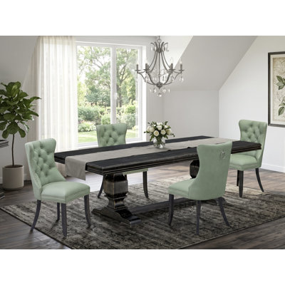 Cet ensemble de salle à manger moderne 5 pièces comprend une table de cuisine rectangulaire et 4 chaises en tissu de polyester vert saule, noir sablé
