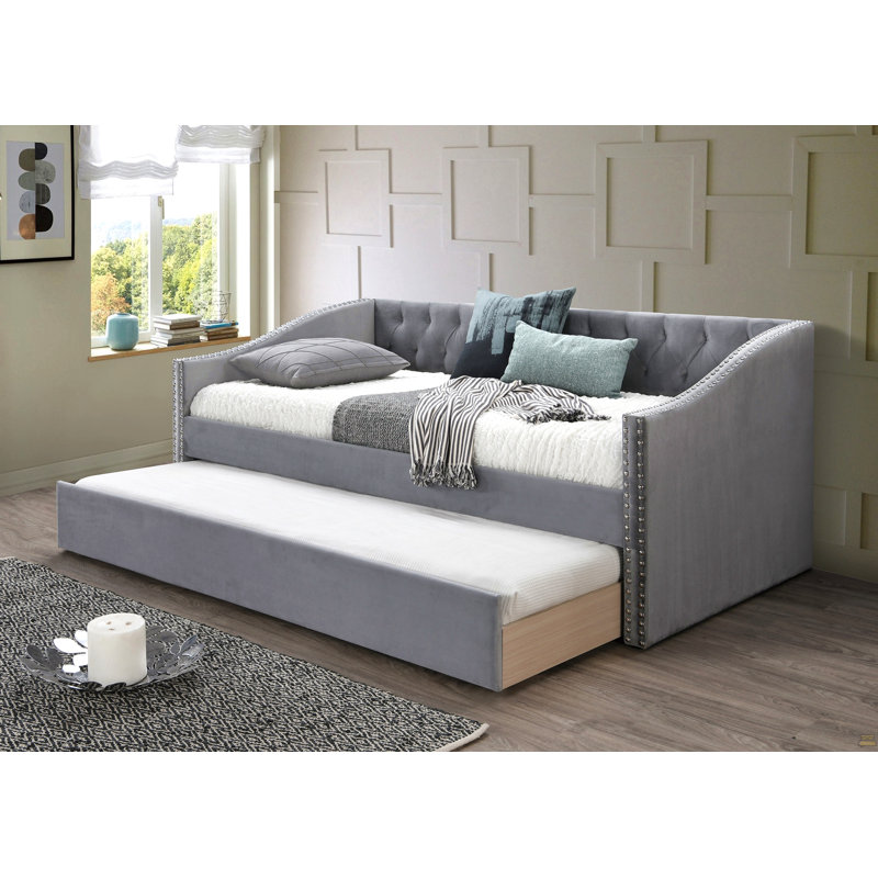 1Pc Day Bed W/ Slat Trundle Button Tufted Nailhead Trim