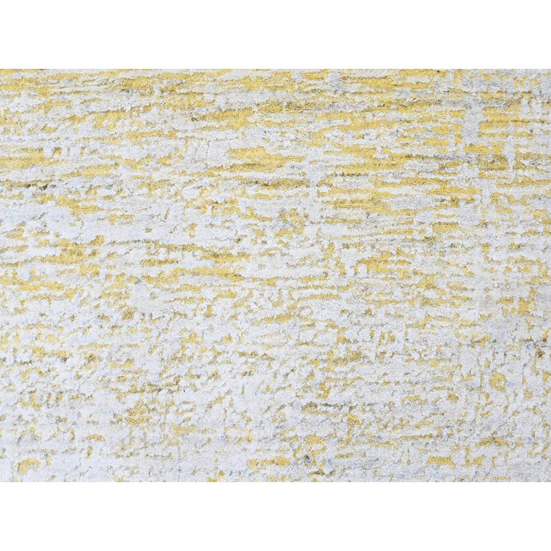 Tapis oriental de style moderne 9 pi x 9 pi, jaune, macaron, tissé à la main, en laine et en soie à base de plantes