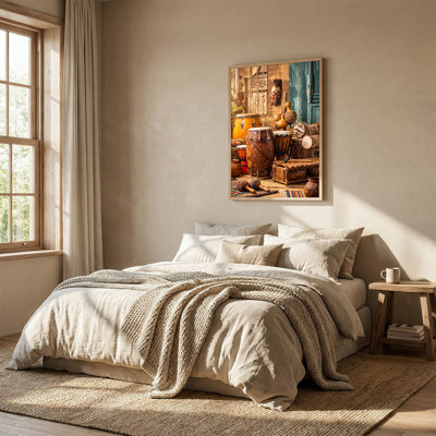Carved Wooden Drums and Tribal Masks on Woven Mat Canvas Wall Art