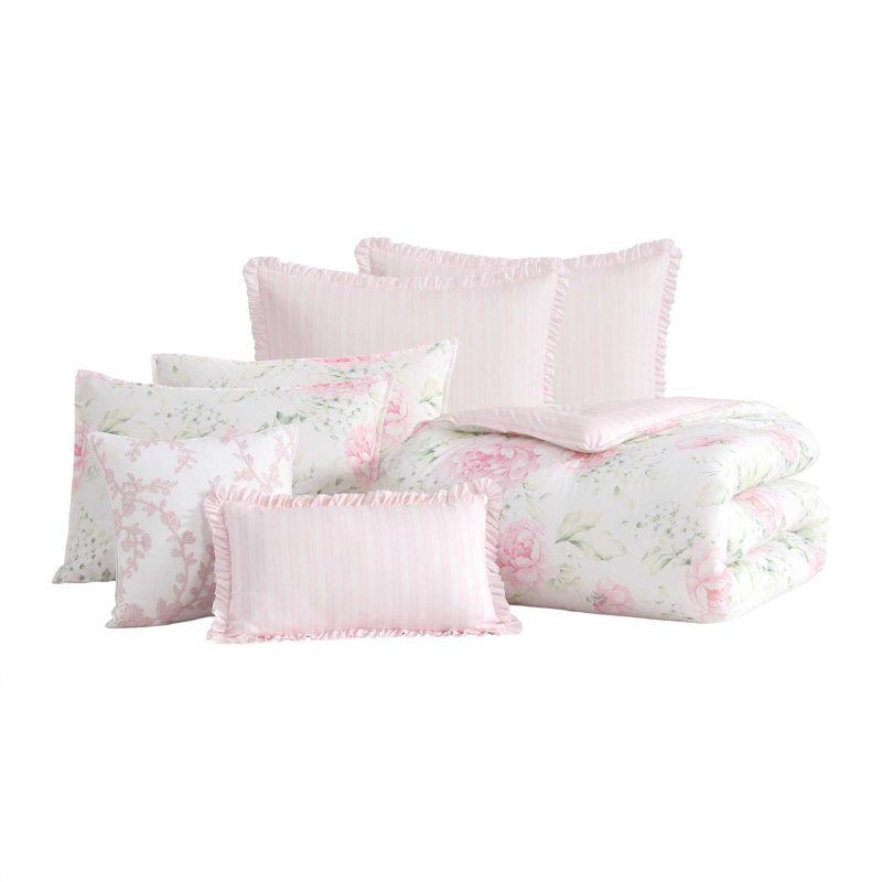 Laura Ashley Serenity Roses Cotton Pink Comforter Bonus Set, King Comforter + 6 Additional Pieces