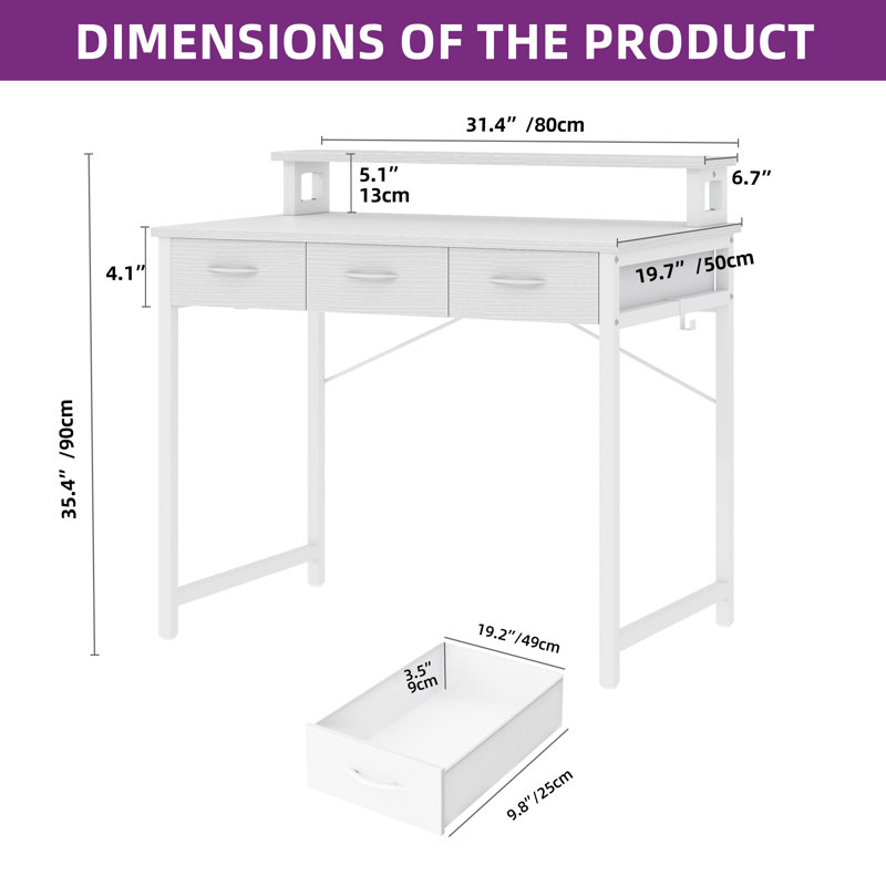 31.4'' W Small Computer Desk with Drawers, Monitor Stand & Hooks, White