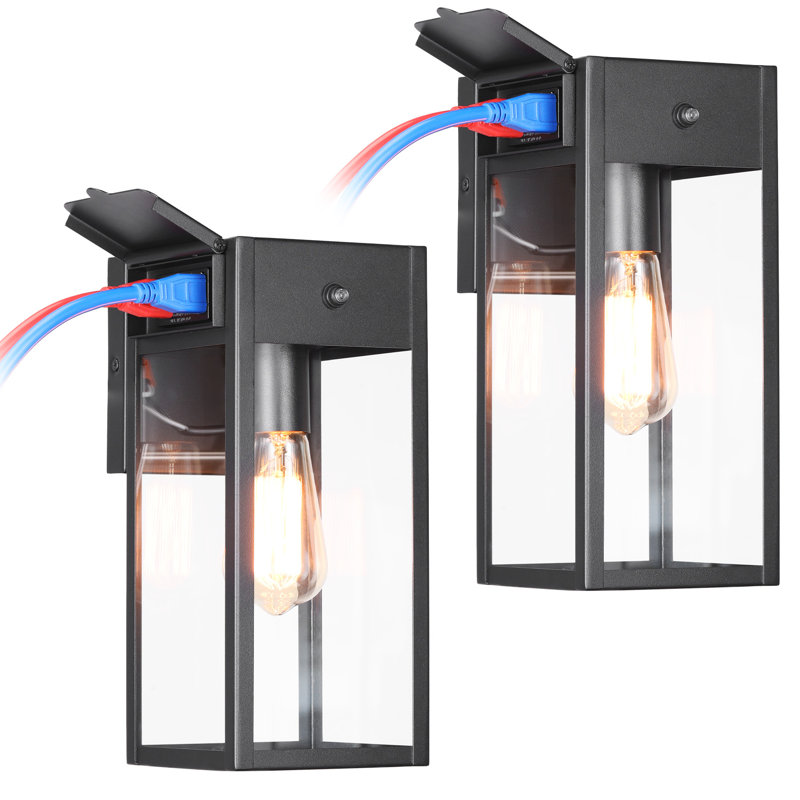 Dusk To Dawn Outdoor Rectangular Wall Sconce With Gfci Outlet, E26 Base Exterior Wall Light, Max 60w