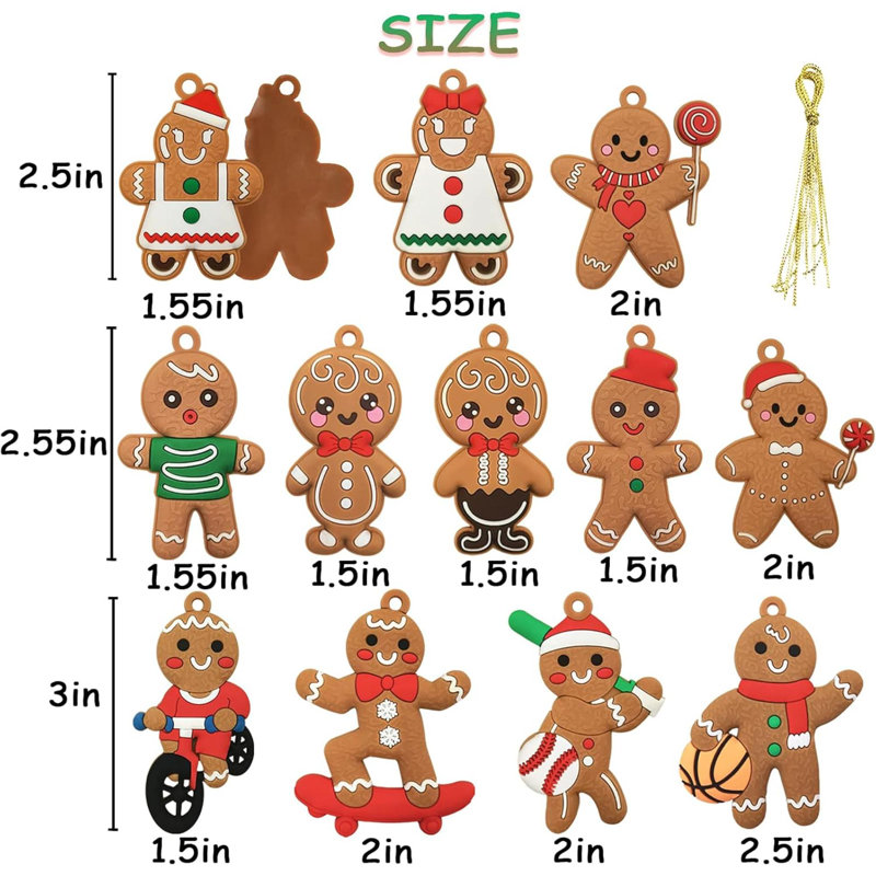 Paquet de 12 ornements d'arbre de Noël en pain d'épice en plastique - Décorations des Fêtes de 3 pouces