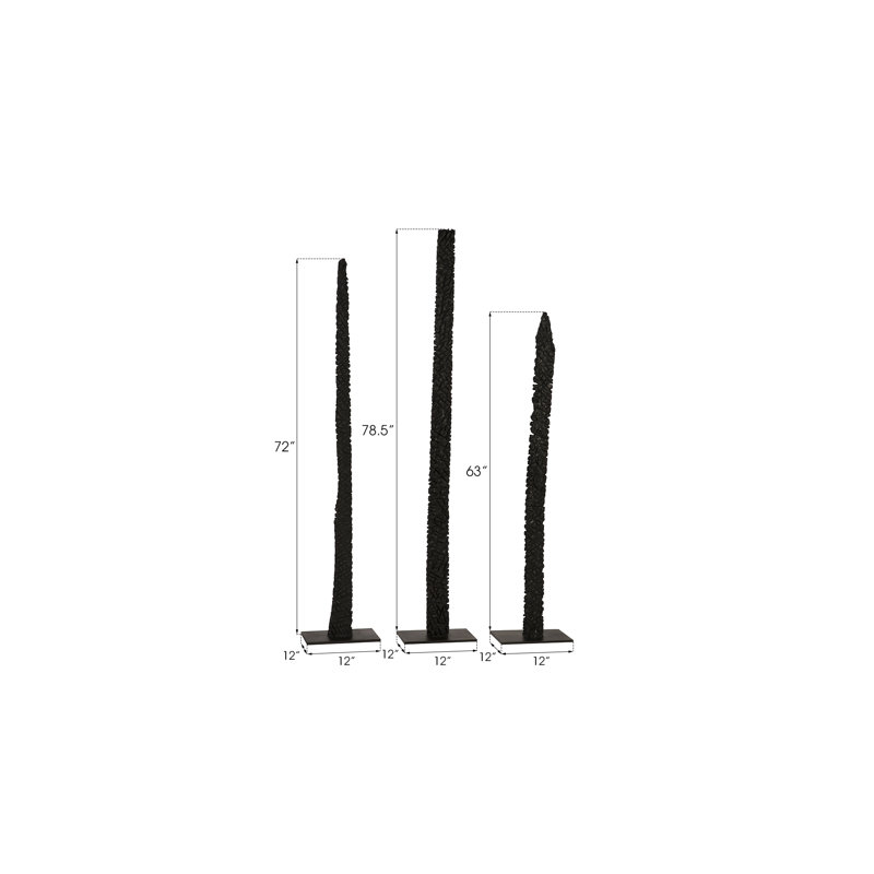 Charred Black Wood Sculpture Trio on Minimalist Metal Bases