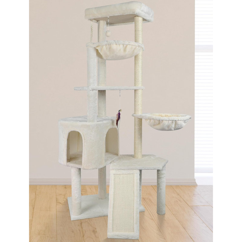 Arbre à chat à quatre couches avec grand chat et deux hamacs, Beige