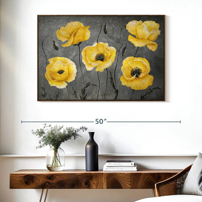 Coquelicots jaunes, Cadre flottant en noyer, 40 po x 27 po