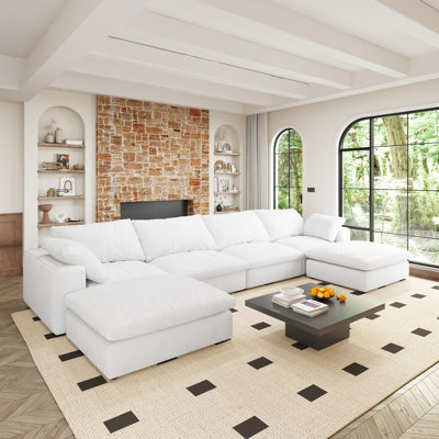 Cloud Modular Sectional With 2 Ottomans - 160.6" Down Filled U Shaped Couch For Living Room, 6 Seats, White Storage Seat